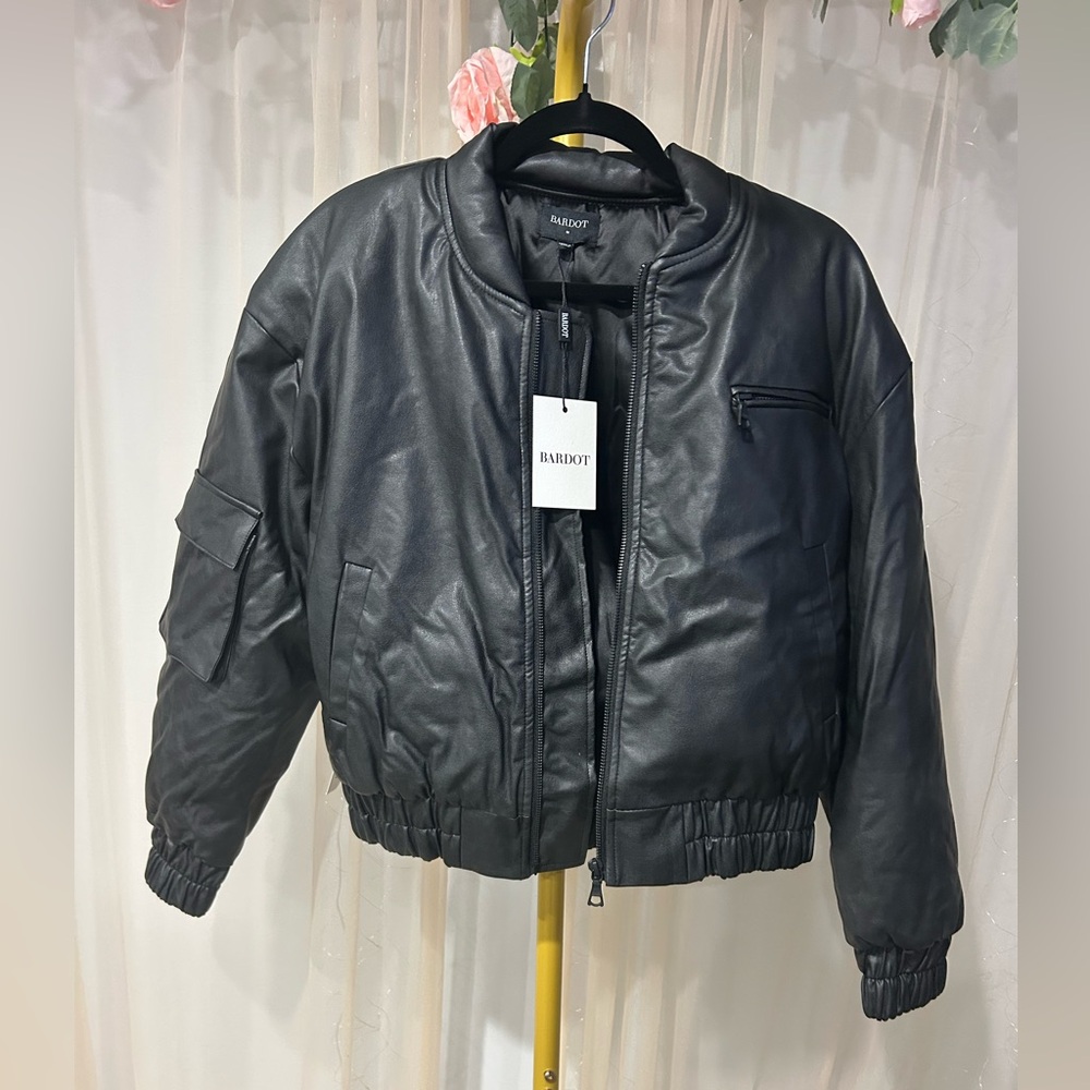 Bardot Black Vegan Leather Bomber Jacket Size 6